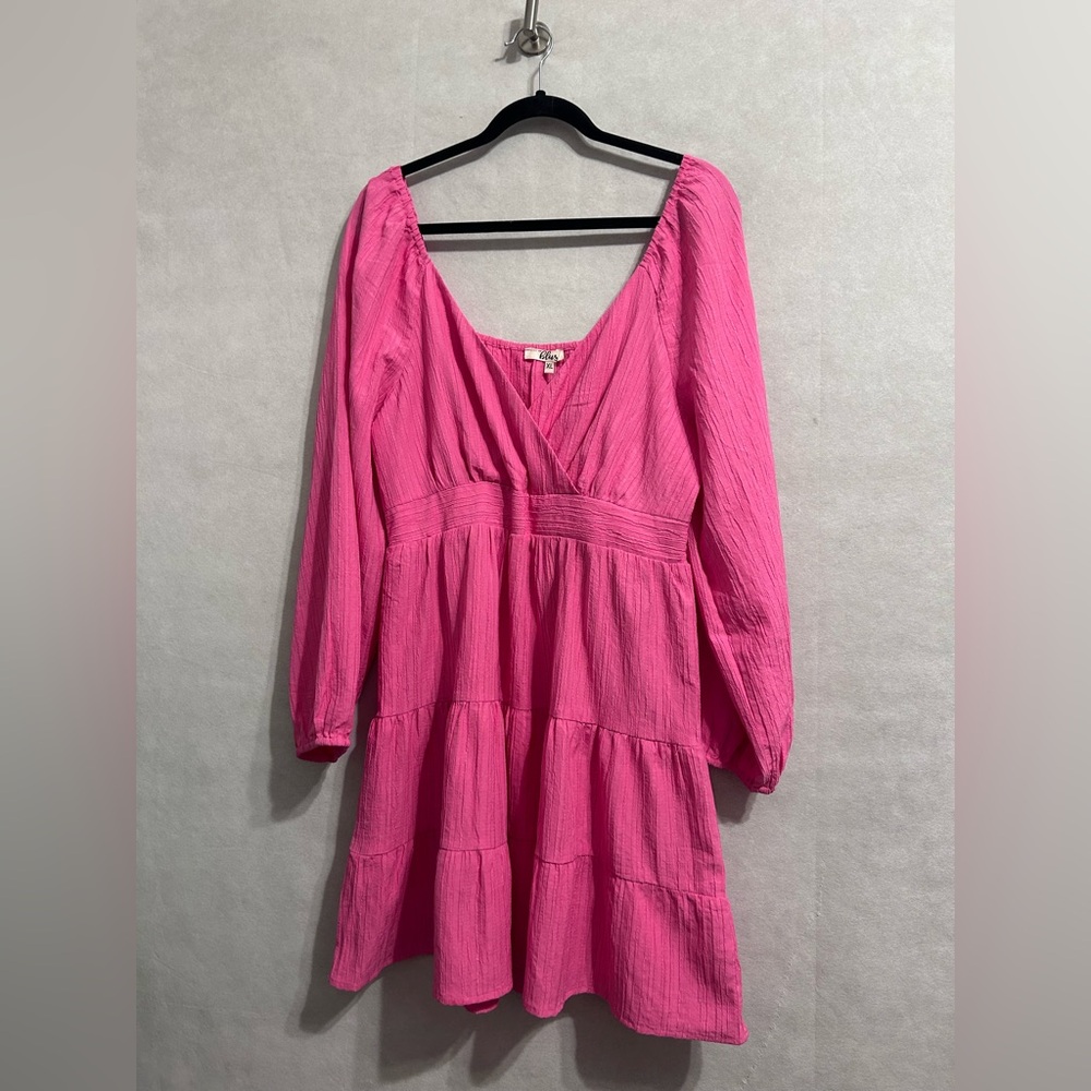 Long Sleeve Pink Tiered V-Neck Dress